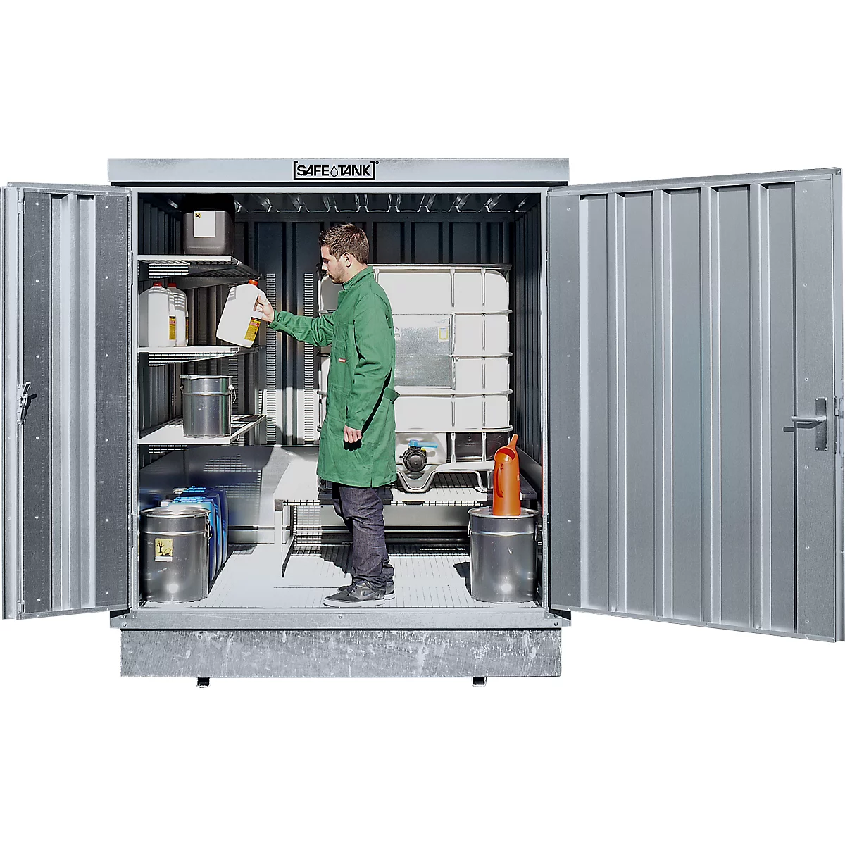 Gefahrstoffcontainer SAFE Tank 400 KTC, verzinkt, B 2100 x T 2170 x H 2400 mm, bis 1 x 1000 l IBC zur passiven Lagerung