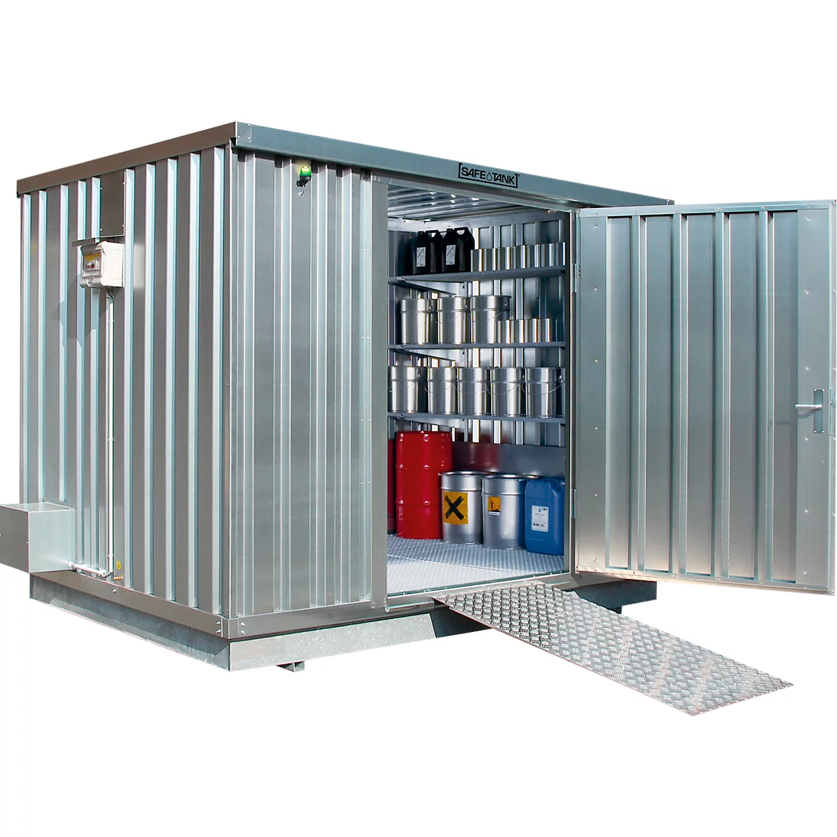 Gefahrstoffcontainer ST 1000 SAFE Tank ECO, verzinkt, B 3050 x T 2170 x H 2300 mm, 1030 l, aktive Lagerung, temporärer explosionsgeschützter Lüfter