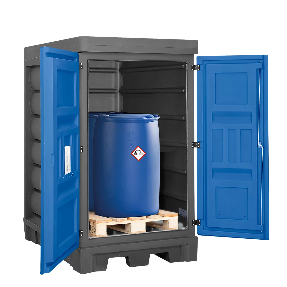 Gefahrstoffdepot asecos, Polyethylen, unterfahrbar, B 1140 x T 1480 x H 1980, für 2 Fässer à 200 l
