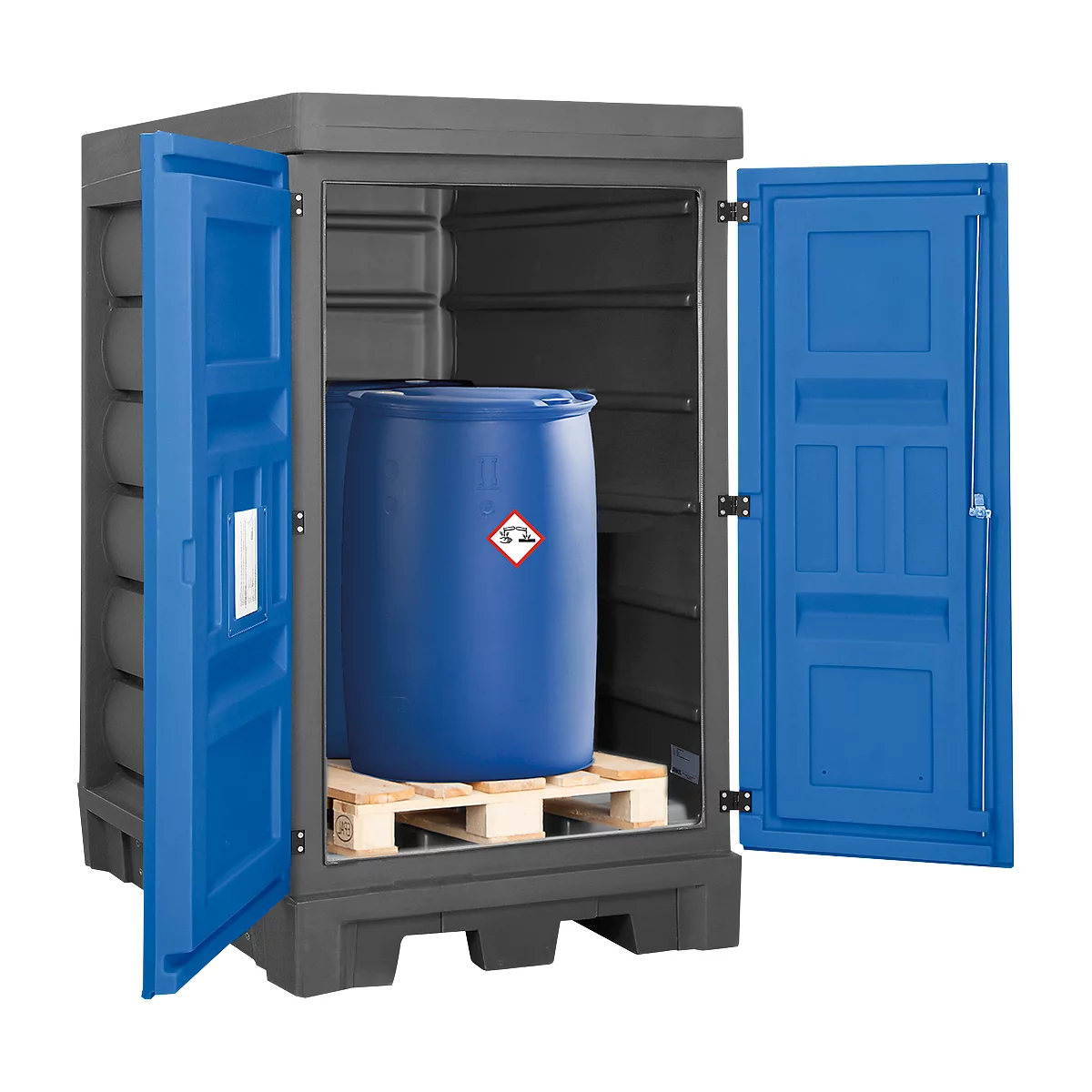 Gefahrstoffdepot asecos, Polyethylen, unterfahrbar, B 1560 x T 1080 x H 1980, für 2 Fässer à 200 l