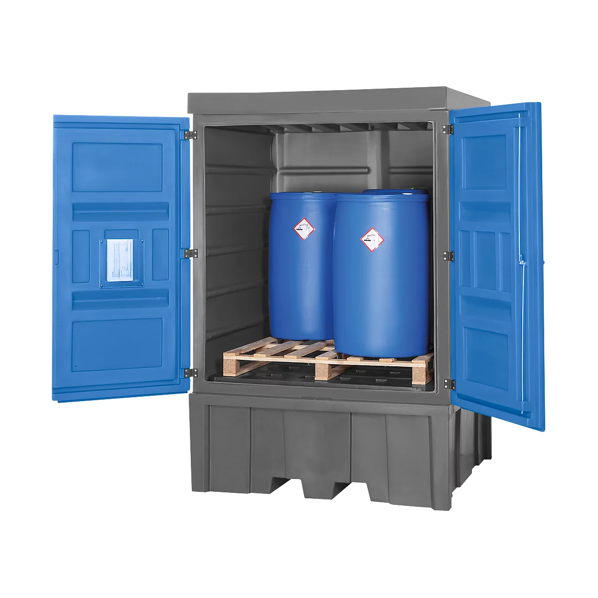 Gefahrstoffdepot asecos, Polyethylen, unterfahrbar, B 1560 x T 1550 x H 2330, für 4 Fässer à 200 l