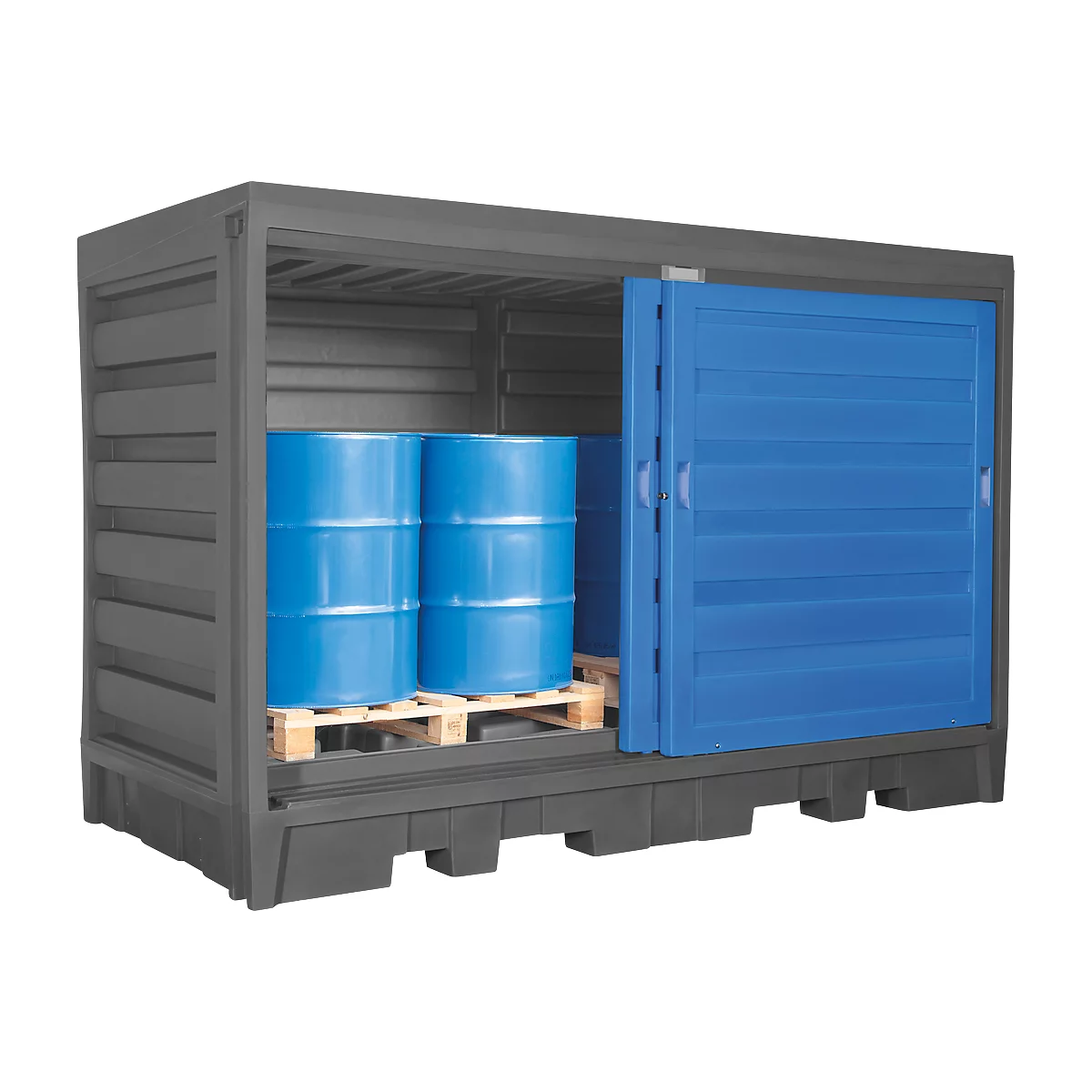 Gefahrstoffdepot asecos, Polyethylen, unterfahrbar, B 3200 x T 1740 x H 2170, für 8 Fässer à 200 l