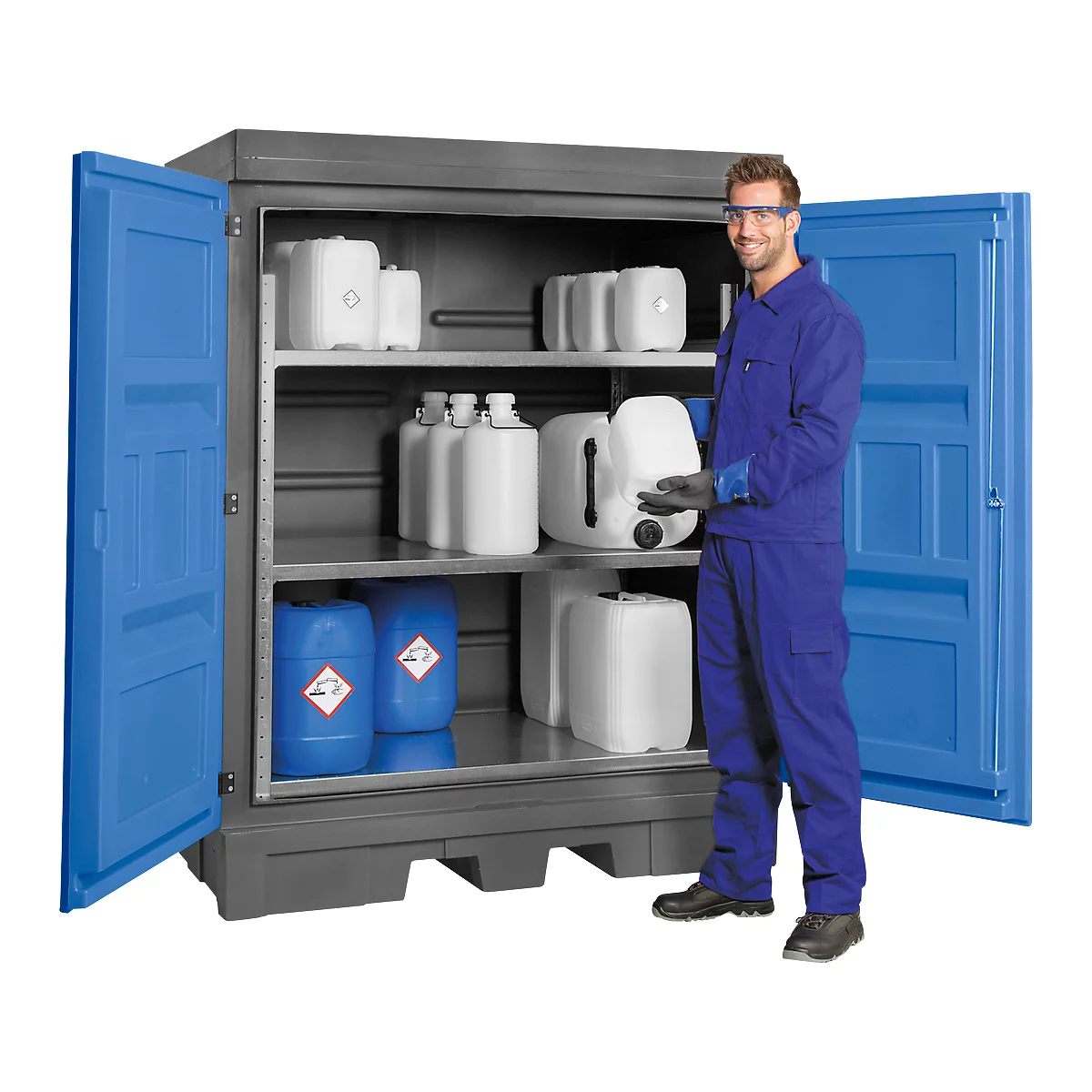 Gefahrstoffdepot, Polyethylen, unterfahrbar, m. Regal, B 1560 x T 1080 x H 1980 mm, 250 l