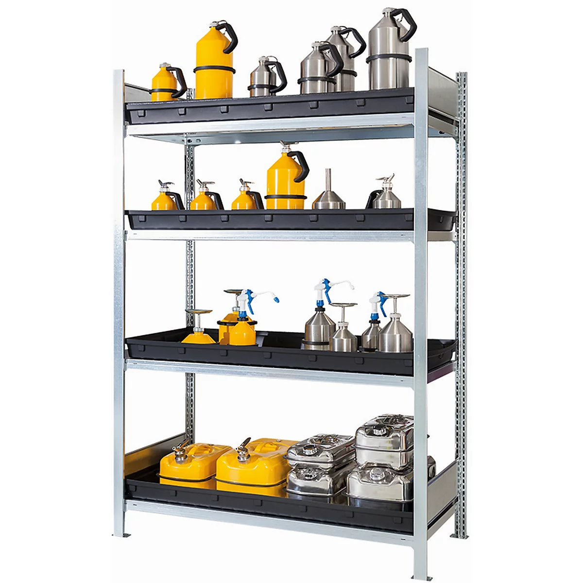 Gefahrstoffregal asecos RSW 1364, B 1360 x T 640 x H 2000 mm, 4 höhenverstellbare 36 l PE-Auffangwannen