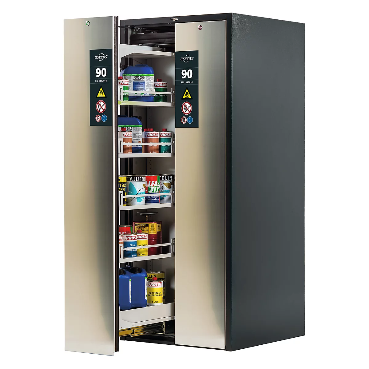 Gefahrstoffschrank Asecos V-LINE, Typ 90, 2 Vertikalauszügen, Anthrazitgrau/Edelstahl