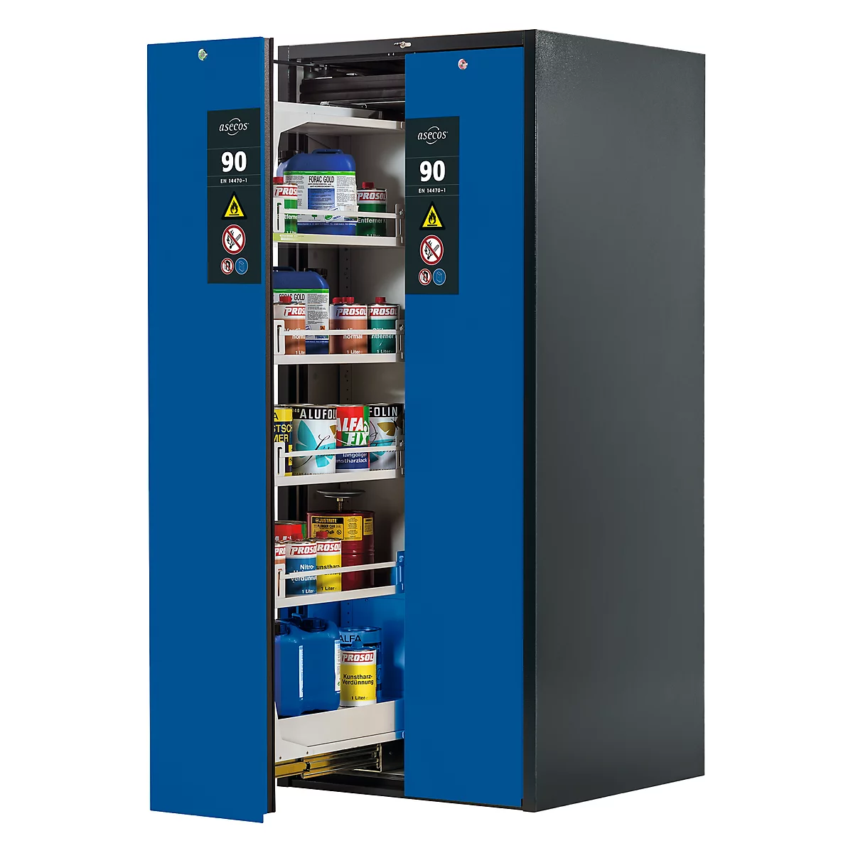 Gefahrstoffschrank Asecos V-LINE, Typ 90, 2 Vertikalauszügen, Anthrazitgrau/Enzianblau