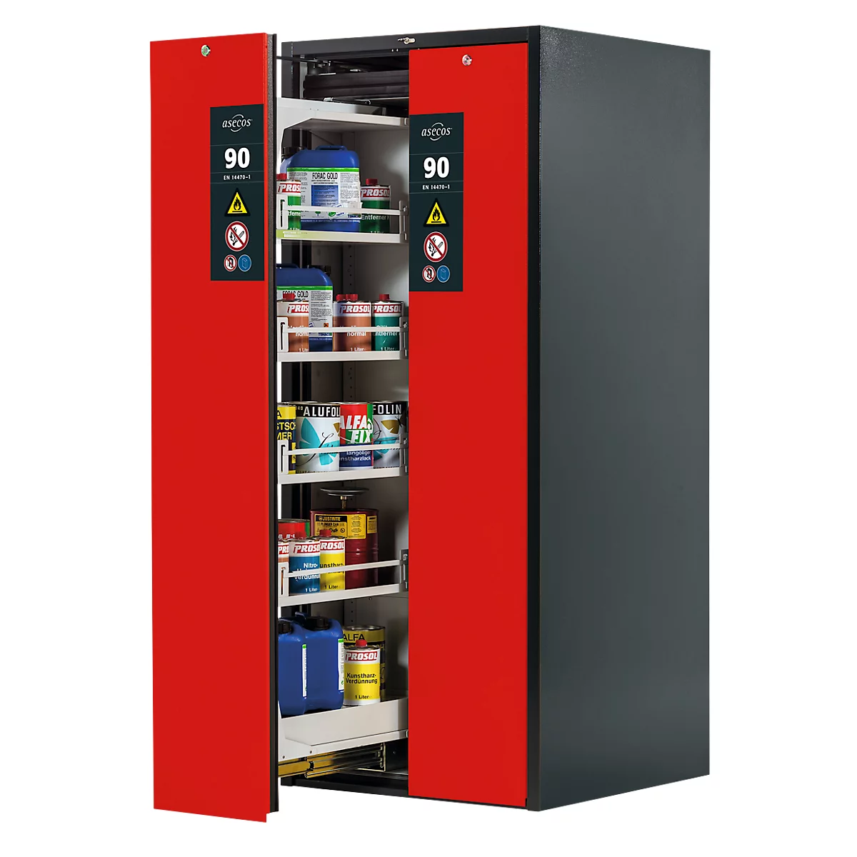 Gefahrstoffschrank Asecos V-LINE, Typ 90, 2 Vertikalauszügen, Anthrazitgrau/Verkehrsrot