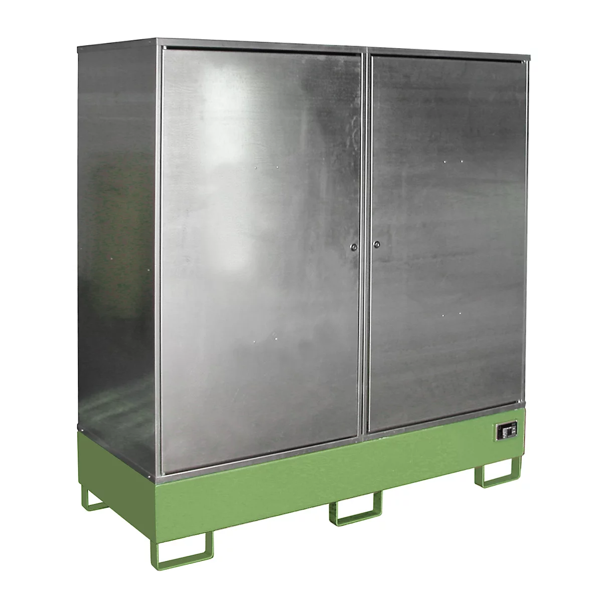 Gefahrstoffschrank BAUER GS-2, Stahlblech, unterfahrbar, für 2 x 200 l Fässer, B 1680 x T 690 x H 1780 mm, grün