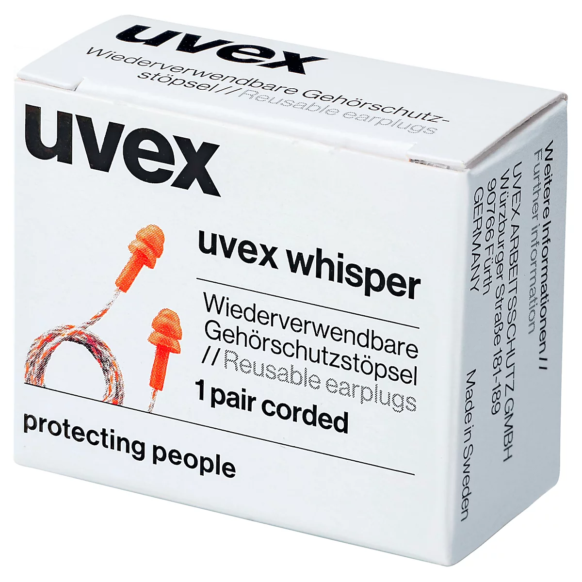 Gehörschutzstöpsel uvex whisper, Grösse M, SNR 23 dB, EN 352-2, mit Kordel, 50 Paar in Pappkarton, orange