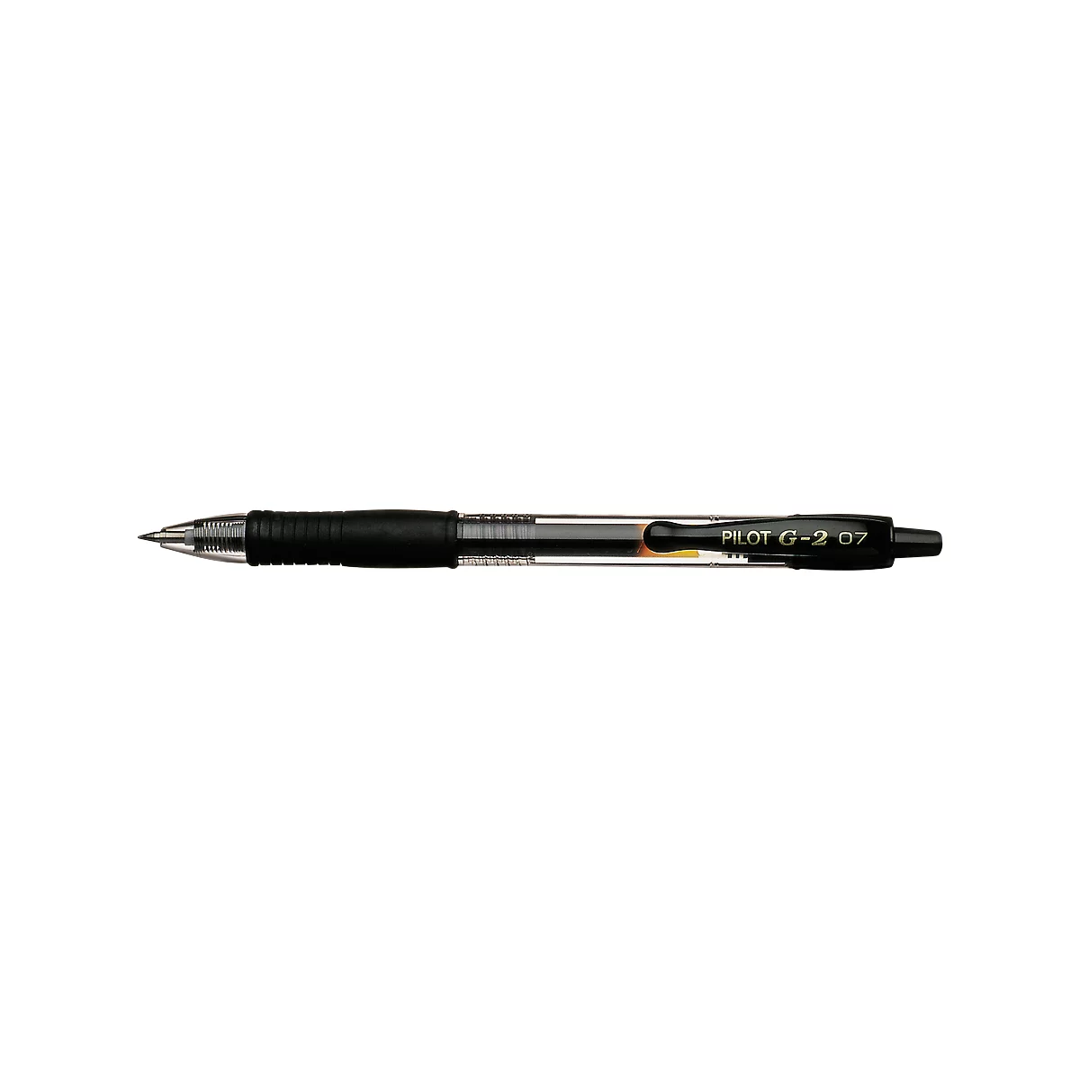 Close-up of a black Pilot G-2 07 pen. The pen is partially transparent.