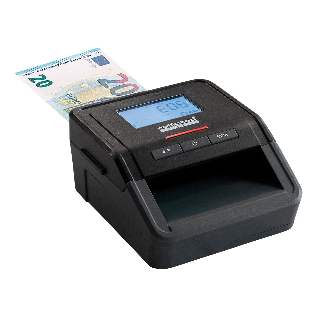 Geldscheinprüfer ratiotec® Smart Protect, EZB-Standard, IR/MG/MT/SD, 3 Währungen, LED-Balkenanzeige & Warnsignal, USB/microSD, Netzkabel, schwarz