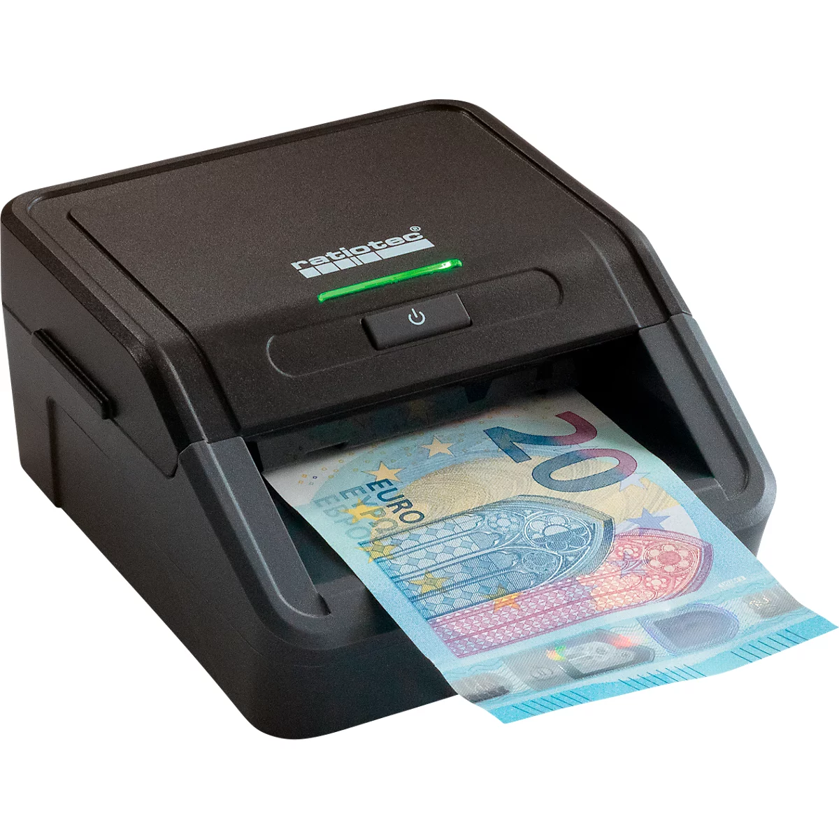 Geldscheinprüfer ratiotec® Smart Protect, EZB-Standard, IR/MG/MT/SD, 3 Währungen, LED-Balkenanzeige & Warnsignal, USB/microSD, Netzkabel, schwarz