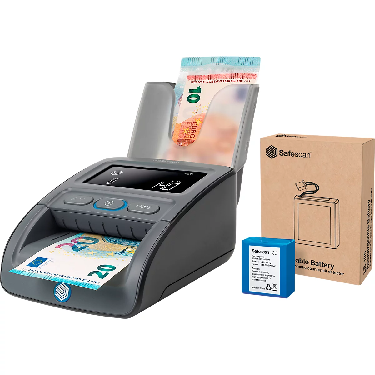 Geldscheinprüfer Safescan® 155-S Complete, EZB-getestet, 6 Währungen, 7 Sicherheitsmerkmale, 3,8″ LC-Display, USB/MicroSD, inkl. Akku & Banknotenstapler