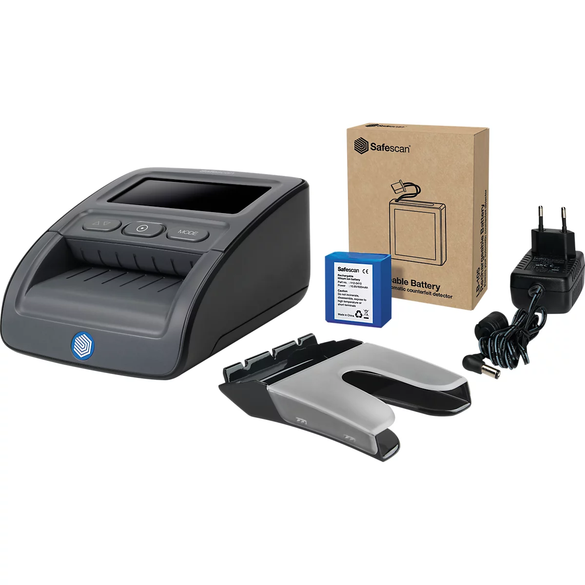 Geldscheinprüfer Safescan® 155-S Complete, EZB-getestet, 6 Währungen, 7 Sicherheitsmerkmale, 3,8″ LC-Display, USB/MicroSD, inkl. Akku & Banknotenstapler