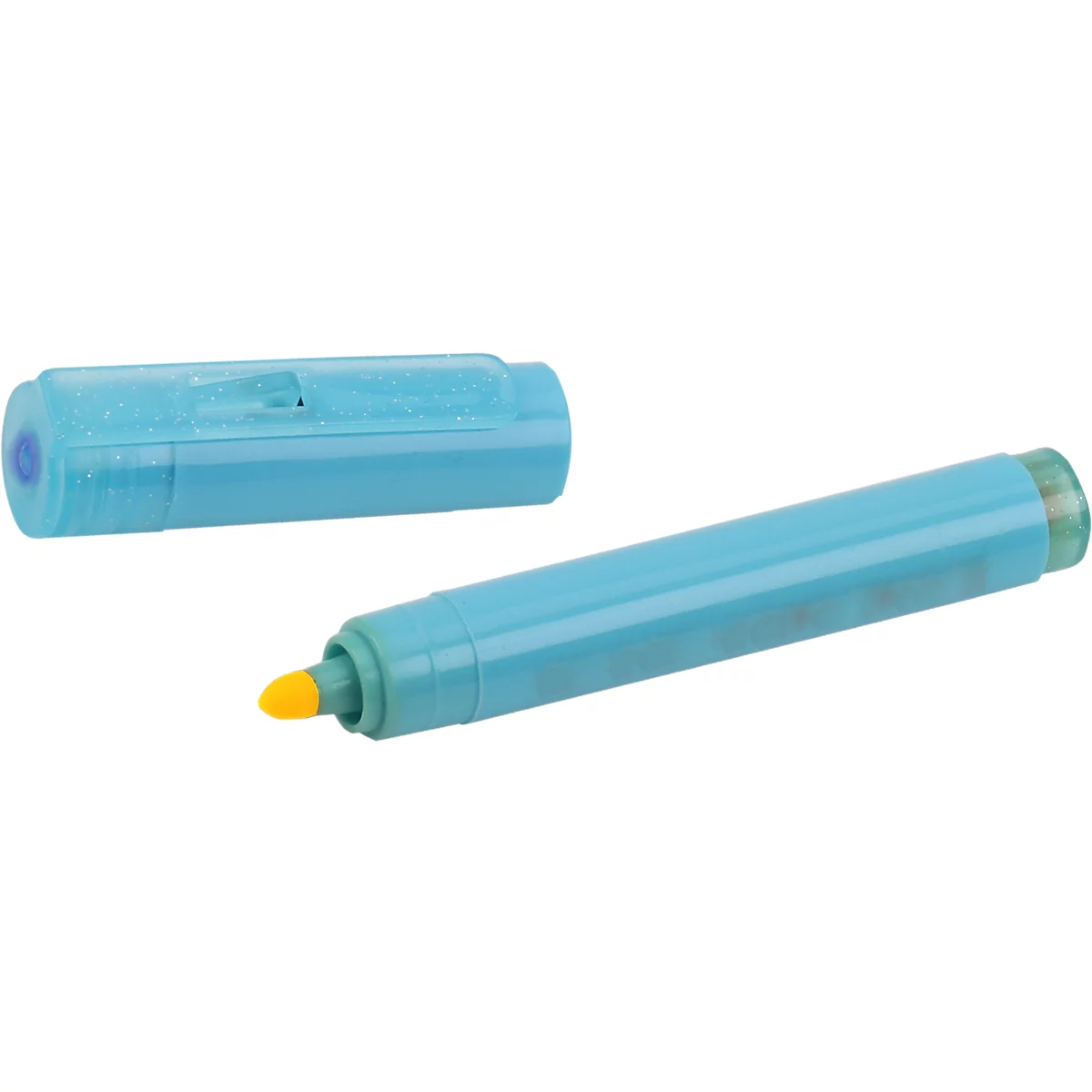 Hellblaue Lampe mit lilafarbenem Lichtkegel auf weißem Hintergrund.