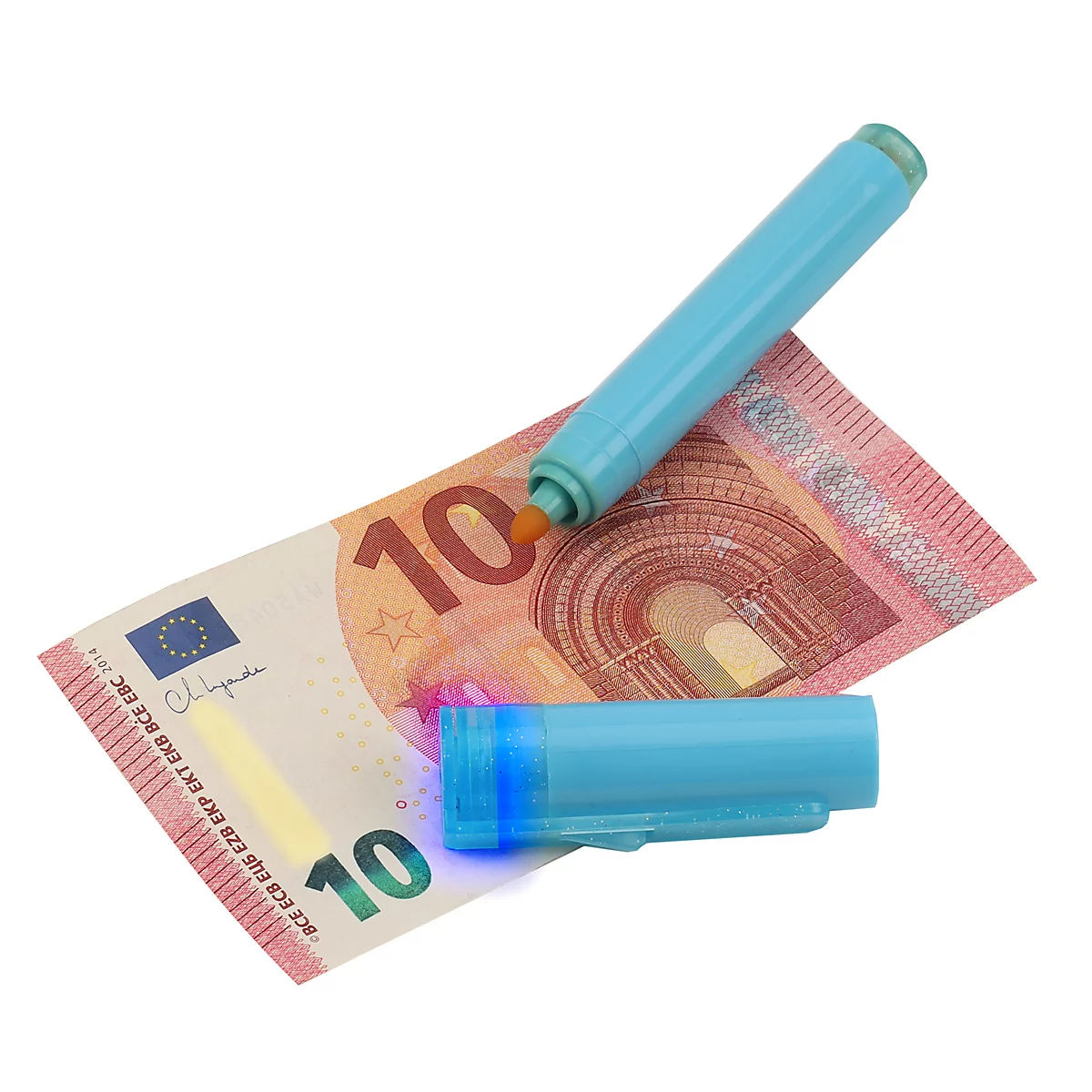 Blauer Prüfstift leuchtet unter UV-Licht einen 10-Euro-Schein an. Text: UV-Licht, Prüfstift, Ein/Aus-Schalter.