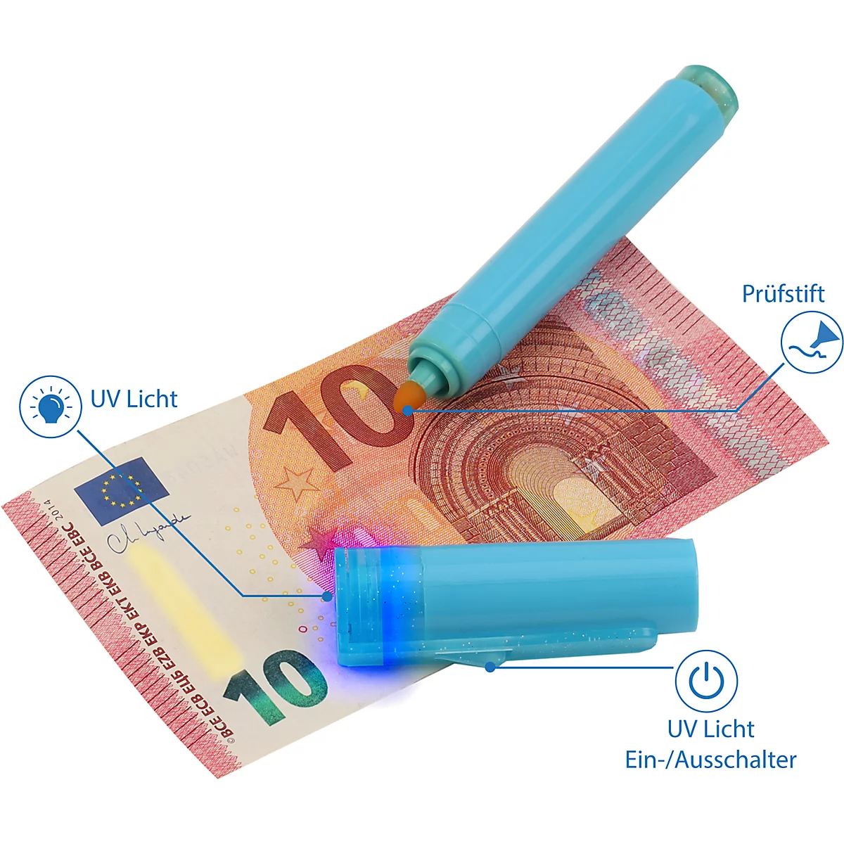 Hellblauer Stift mit transparentem Ende. Blaues Innenleben sichtbar. Auf weißem Hintergrund.