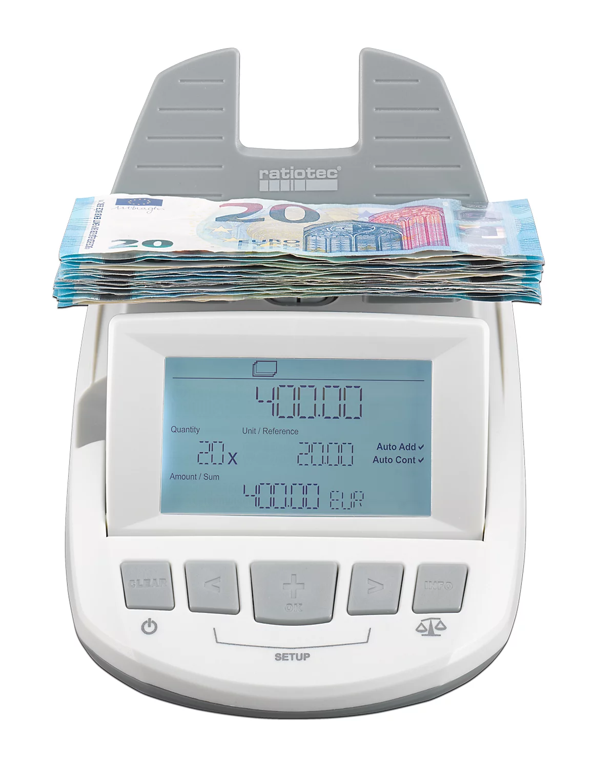 Geldwaage ratiotec® RS 1000, für Münzen & Banknoten, EUR/GBP/CHF, Additions- & Druckfunktion, USB, L 190 x B 129 x H 108 mm, grau