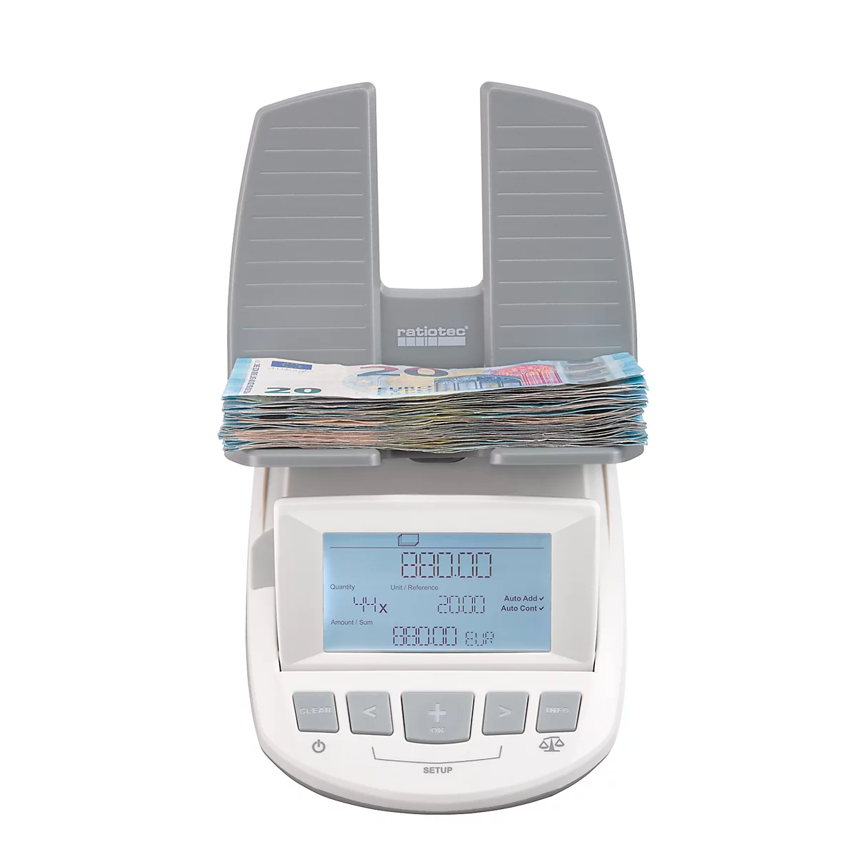 Geldweegschaal ratiotec® RS 1000, voor munten en bankbiljetten, EUR/GBP/CHF, optel- en afdrukfunctie, USB, L 190 x B 129 x H 108 mm, grijs