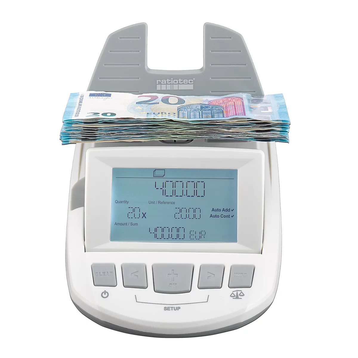 Geldweegschaal ratiotec® RS 1000, voor munten en bankbiljetten, EUR/GBP/CHF, optel- en afdrukfunctie, USB, L 190 x B 129 x H 108 mm, grijs