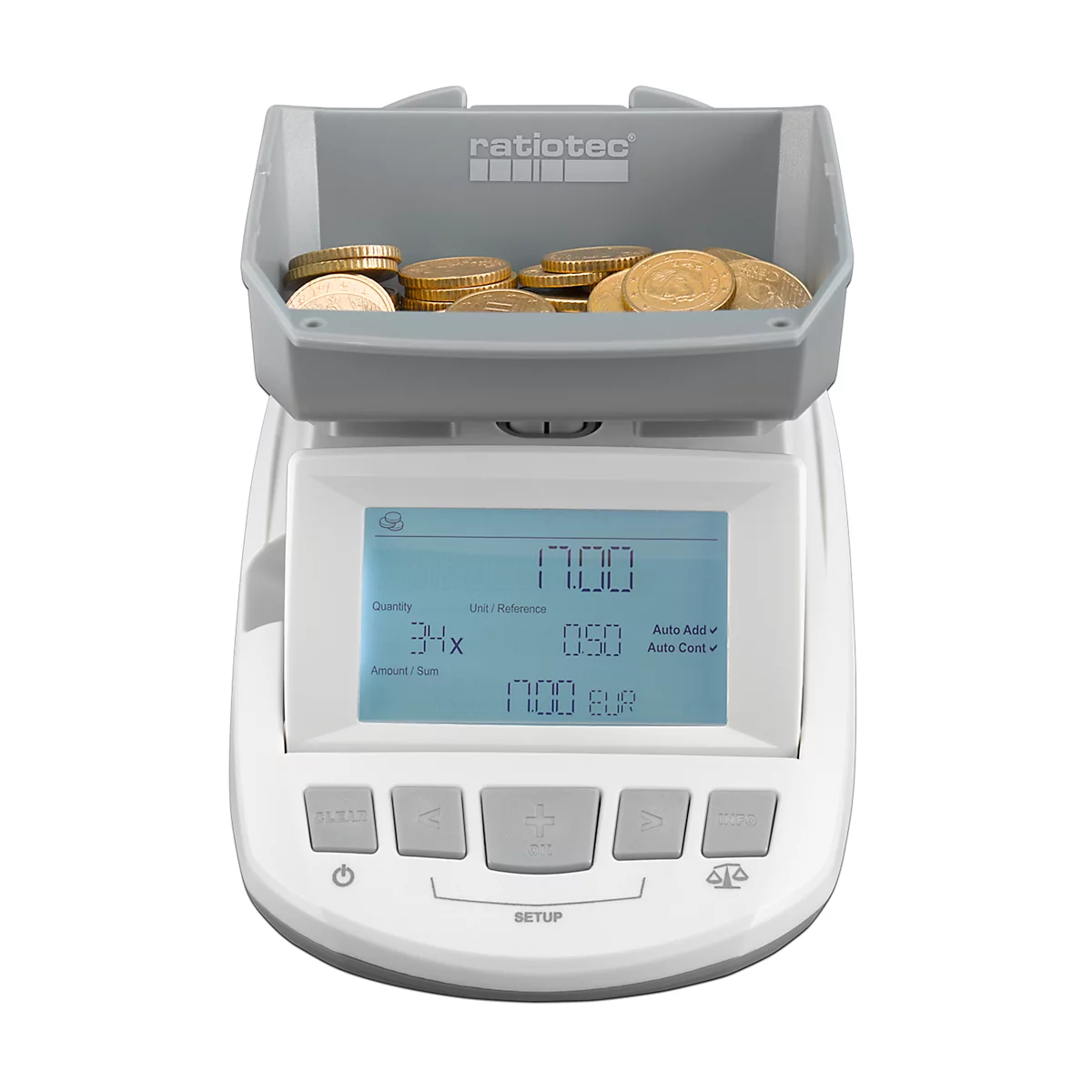 Geldweegschaal ratiotec® RS 1000, voor munten en bankbiljetten, EUR/GBP/CHF, optel- en afdrukfunctie, USB, L 190 x B 129 x H 108 mm, grijs