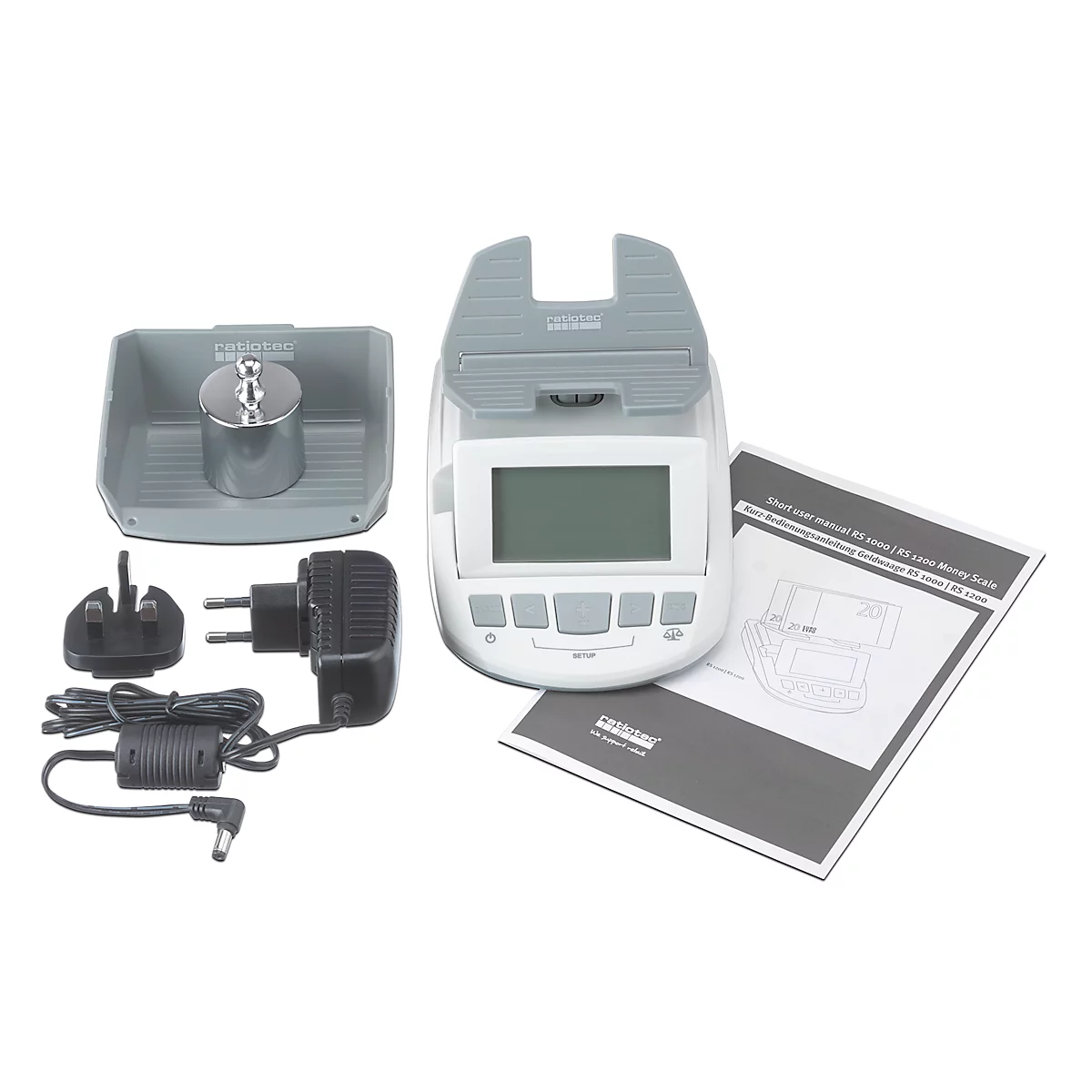 Geldweegschaal ratiotec® RS 1000, voor munten en bankbiljetten, EUR/GBP/CHF, optel- en afdrukfunctie, USB, L 190 x B 129 x H 108 mm, grijs