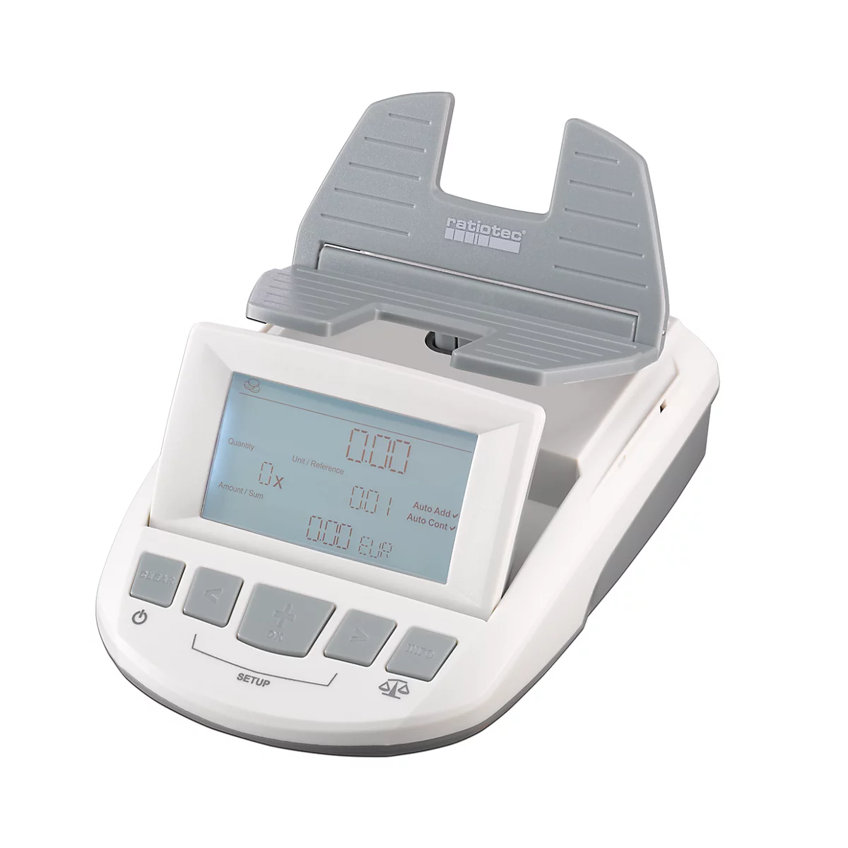 Geldweegschaal ratiotec® RS 1000, voor munten en bankbiljetten, EUR/GBP/CHF, optel- en afdrukfunctie, USB, L 190 x B 129 x H 108 mm, grijs