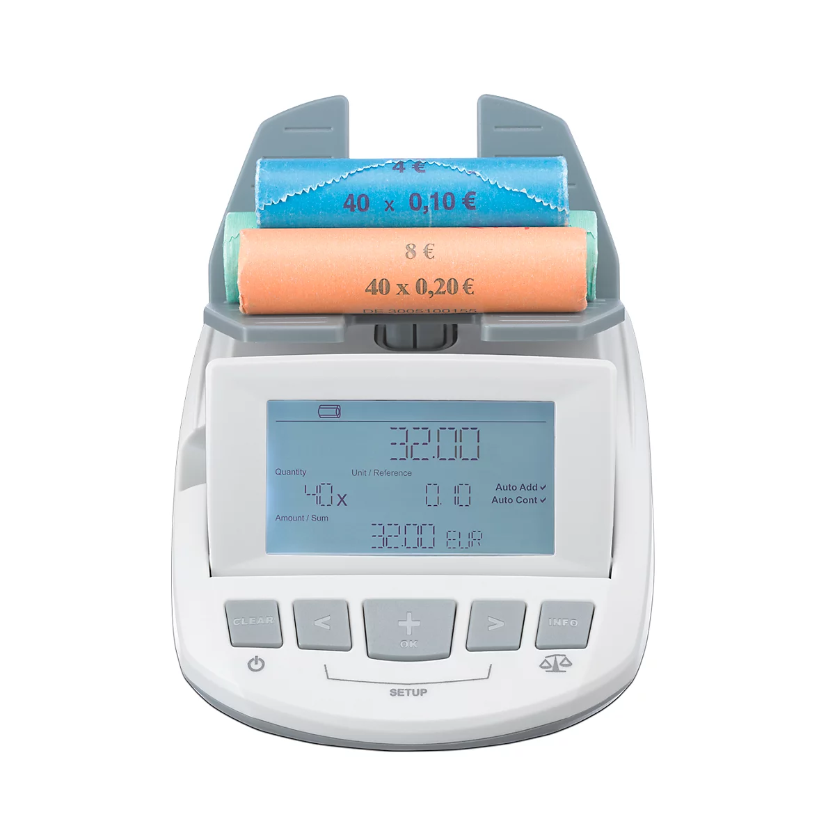 Geldweegschaal ratiotec® RS 1000, voor munten en bankbiljetten, EUR/GBP/CHF, optel- en afdrukfunctie, USB, L 190 x B 129 x H 108 mm, grijs