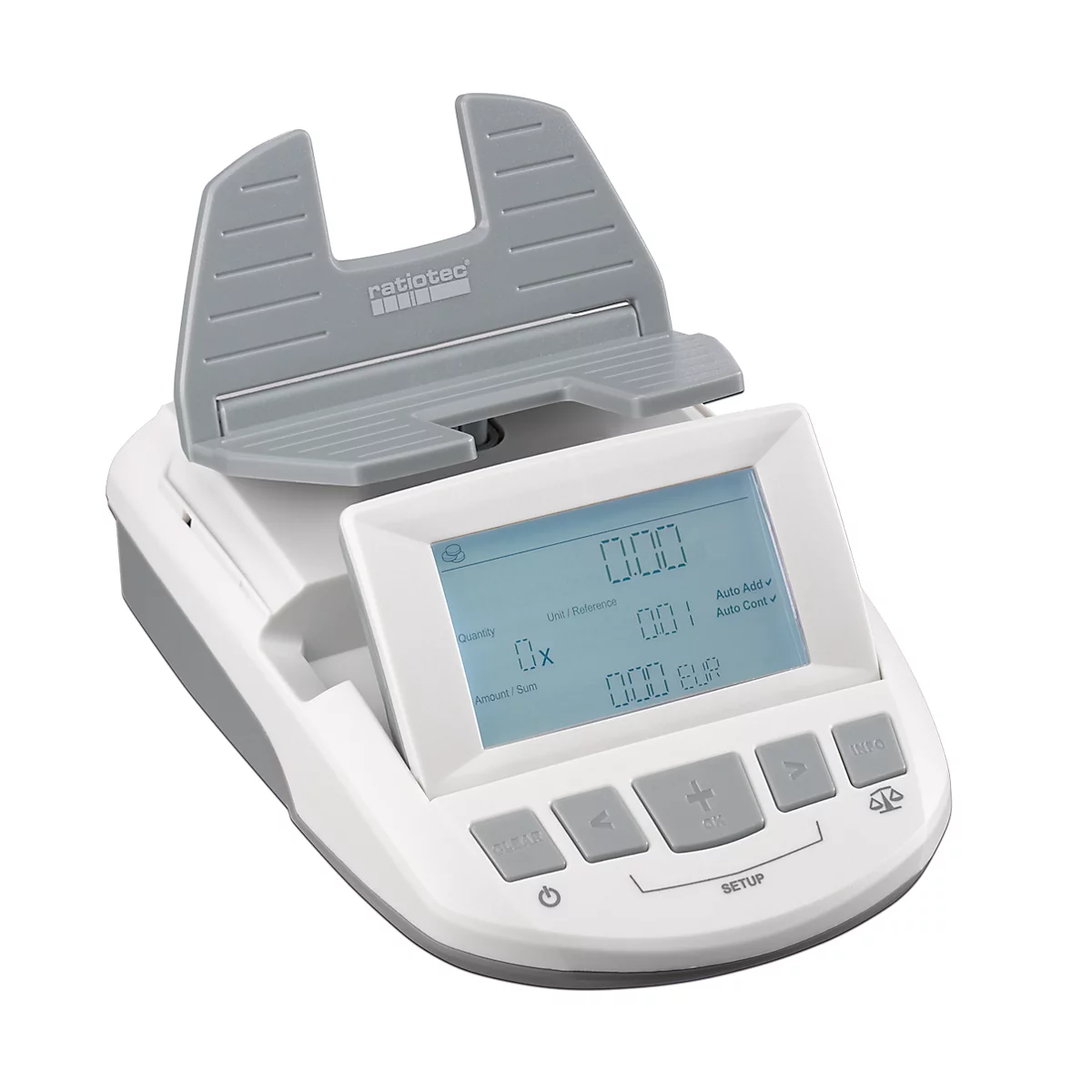 Geldweegschaal ratiotec® RS 1000, voor munten en bankbiljetten, EUR/GBP/CHF, optel- en afdrukfunctie, USB, L 190 x B 129 x H 108 mm, grijs