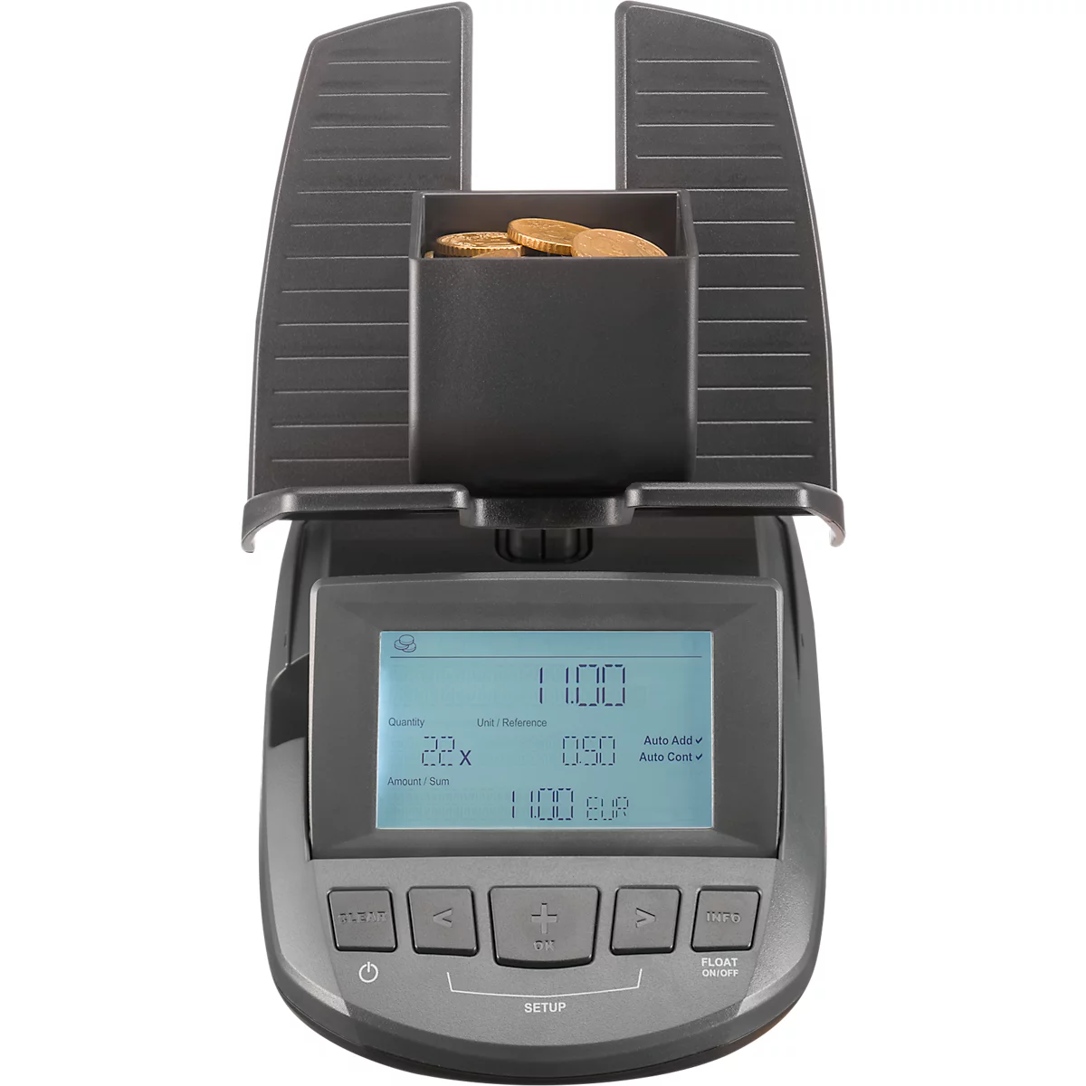 Geldweegschaal ratiotec® RS 2000, voor munten &amp; bankbiljetten, valutaopties EUR/GBP/CHF, USB-aansluiting, wisselgeld, L 190 x B 130 x H 148 mm, antraciet