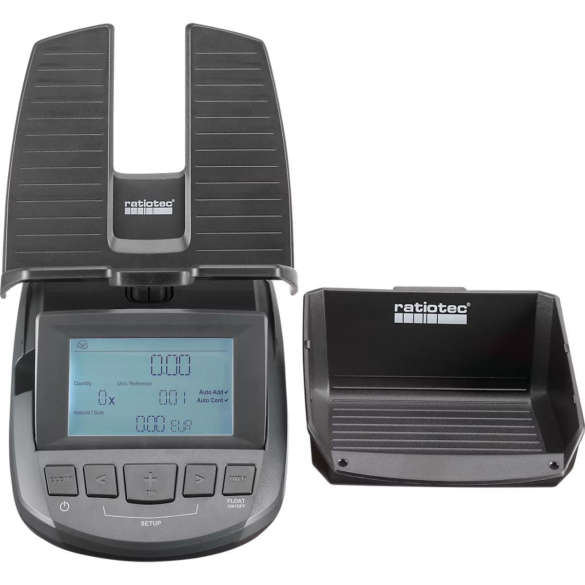 Geldweegschaal ratiotec® RS 2000, voor munten &amp; bankbiljetten, valutaopties EUR/GBP/CHF, USB-aansluiting, wisselgeld, L 190 x B 130 x H 148 mm, antraciet