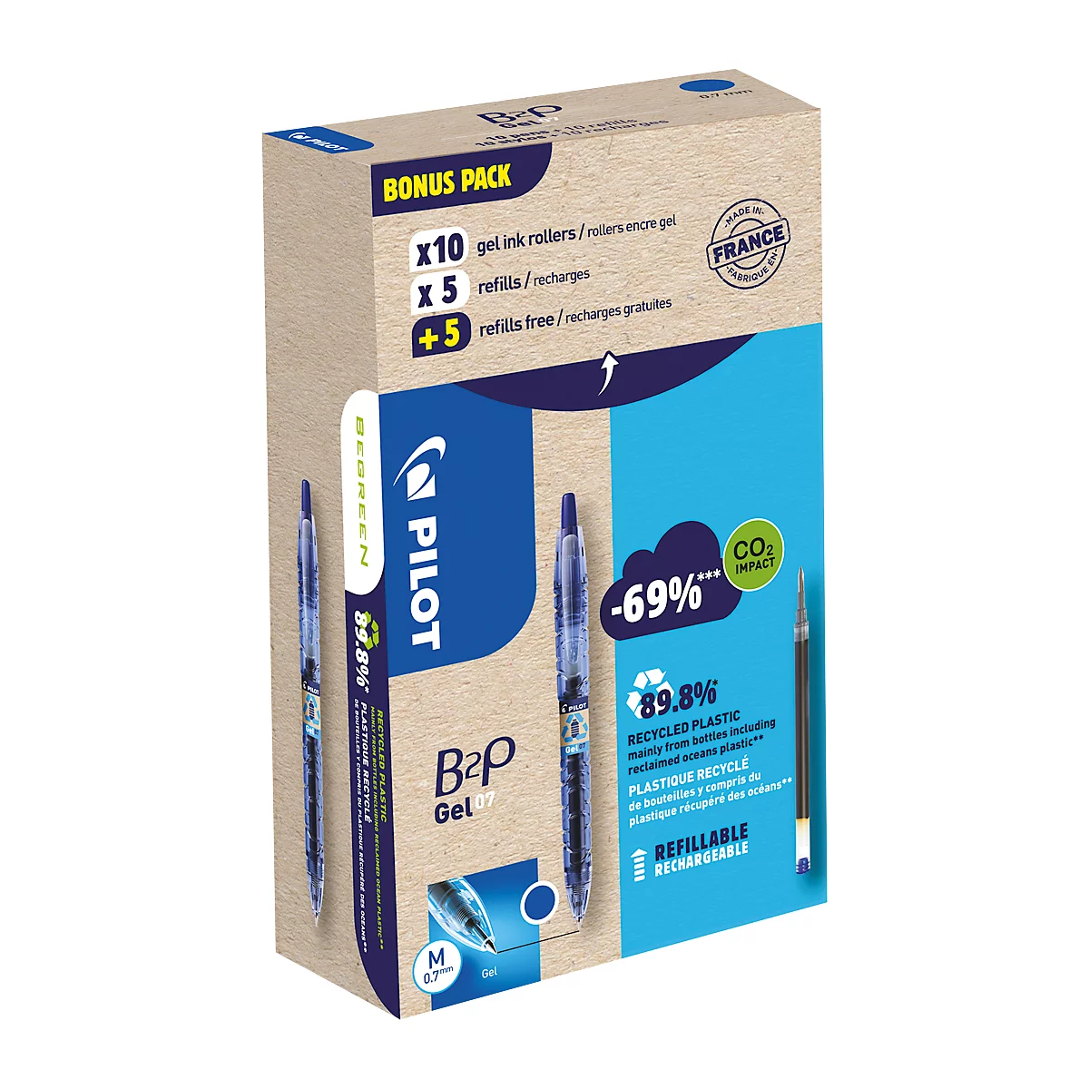 Produktverpackung mit blauen Pilot B2P Gel-Stiften und Nachfüllungen, mit Text wie "Bonus Pack" und "Recyceltes Plastik".
