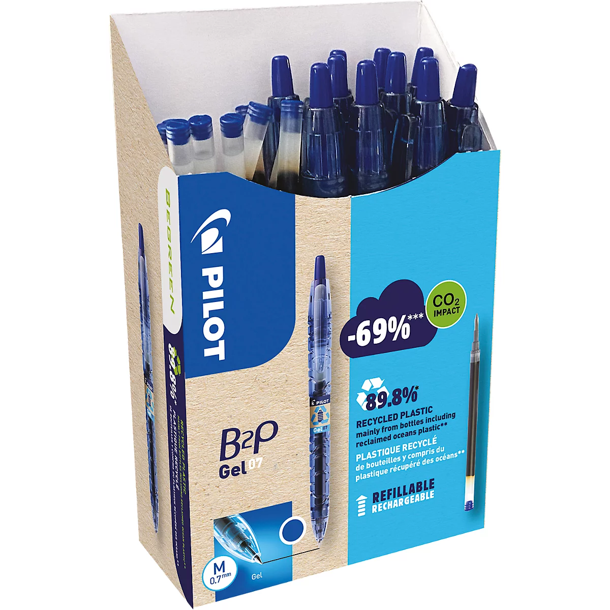 Karton mit blauen Pilot B2P Gel 07 Kugelschreibern, blaues Gehäuse, blaue Kappe, Text: Recycled Plastic, Nachfüllbar, wiederaufladbar, -69 % CO2 Impact.