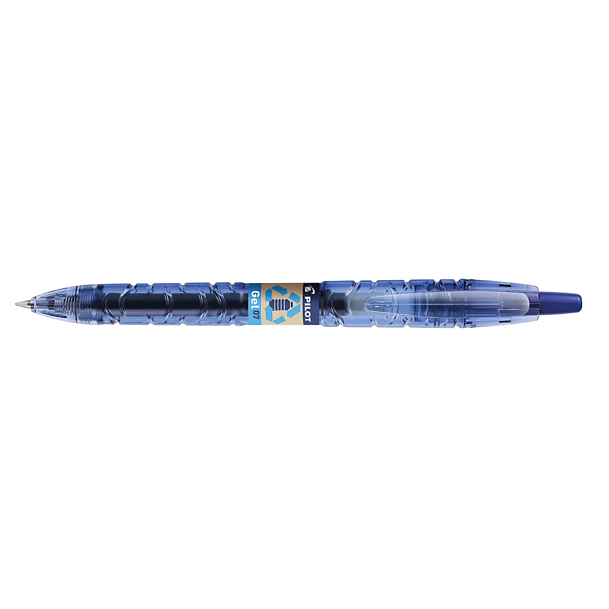 Blauer, transparenter Stift auf weißem Hintergrund. Der Stift hat einen blauen Schaft, eine blaue Spitze und einen blauen Clip mit der Aufschrift "PILOT".