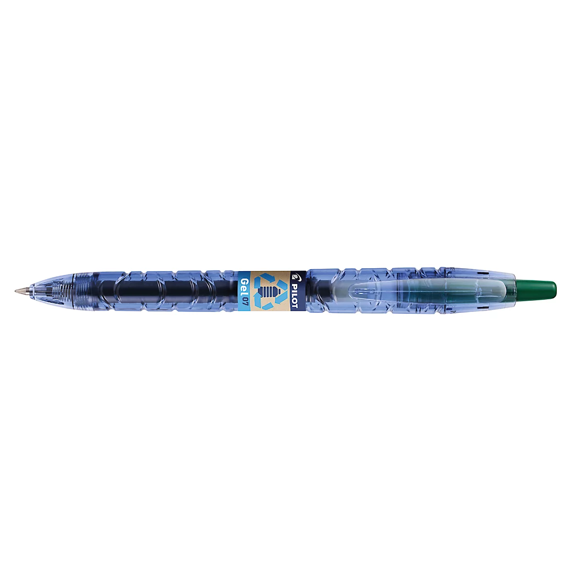 Transparenter Kugelschreiber, blau und grün, mit schwarzer Mine und dem Schriftzug "PILOT".