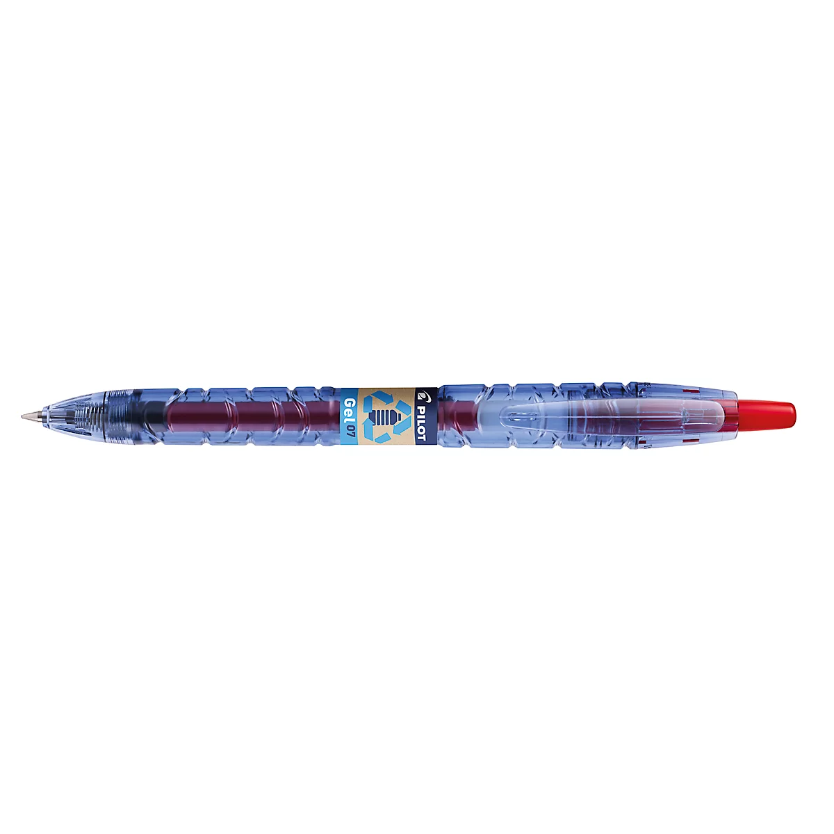 Transparenter Kugelschreiber, rot-violette Tinte, blauer Schaft. Der Stift hat einen roten Deckel. Die Marke PILOT ist auf dem Stift abgebildet.