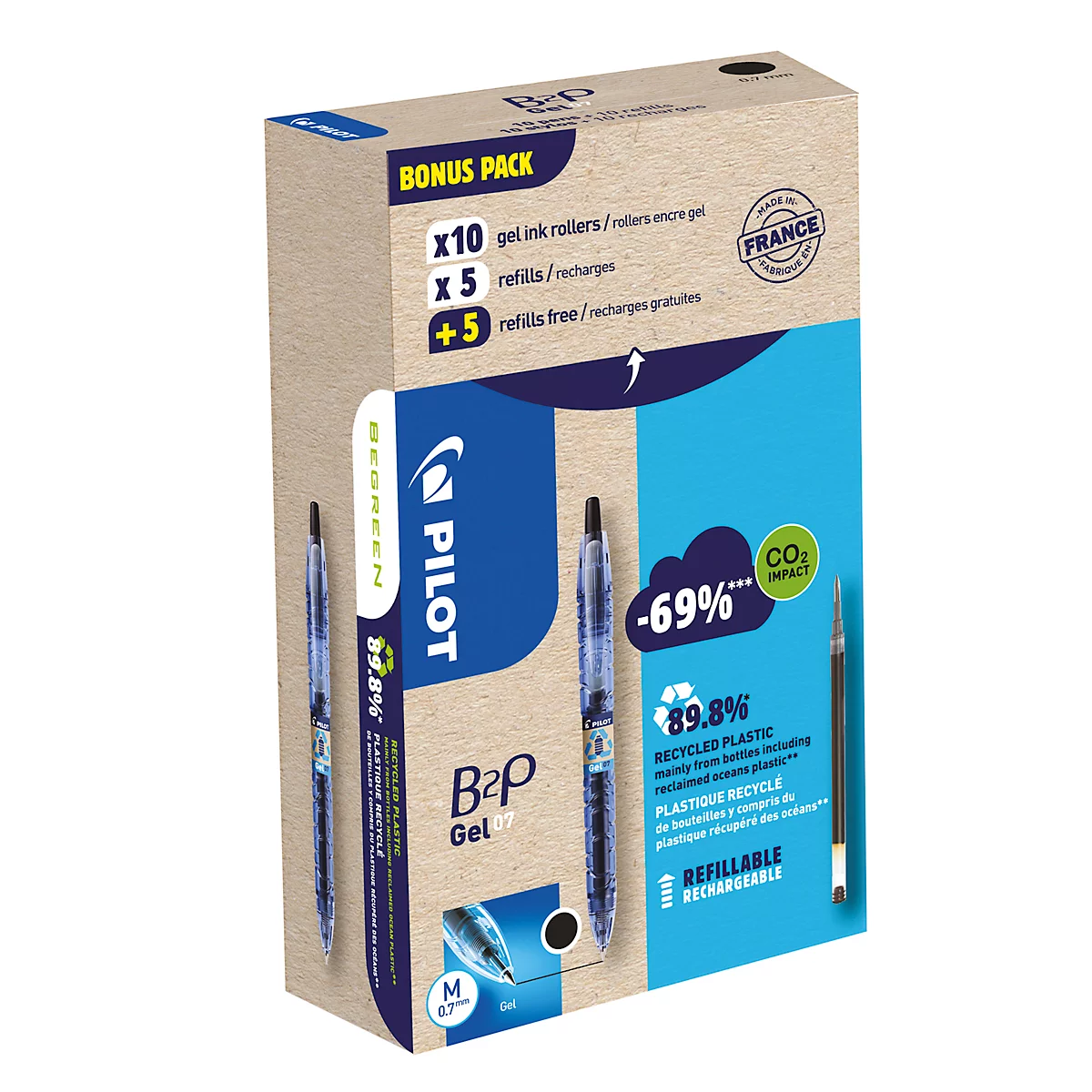 Verpackung mit Pilot B2P Gel Tintenrollern, Aufdrucken von Informationen zu Inhalt und Nachhaltigkeit.