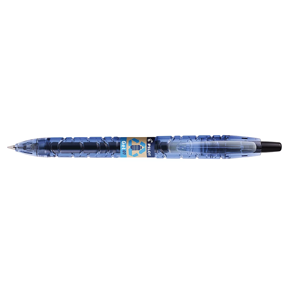 Durchsichtiger Kugelschreiber, blaues Gehäuse, schwarze Mine, Schriftzug auf dem Etikett.