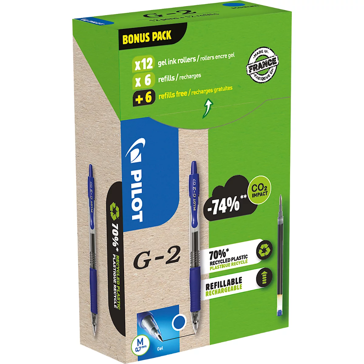 Eine Packung Pilot G-2 Gelstifte mit einer blauen Hülle und einem grünen Hintergrund. Es sind Produktinformationen und Logos zu sehen.