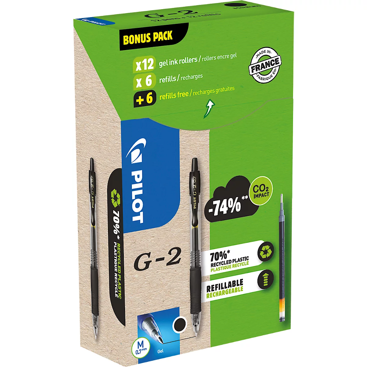Produktverpackung mit schwarzen Stiften, Text: Pilot G-2, Bonus Pack, 70 % recyceltes Plastik. Made in France. Nachfüllbar.