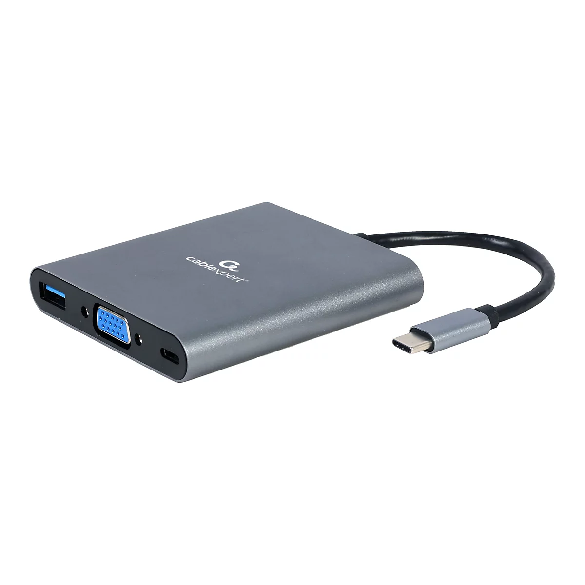 Grauer USB-C-Hub mit VGA- und USB-Anschlüssen sowie kurzem Kabel vor weißem Hintergrund.