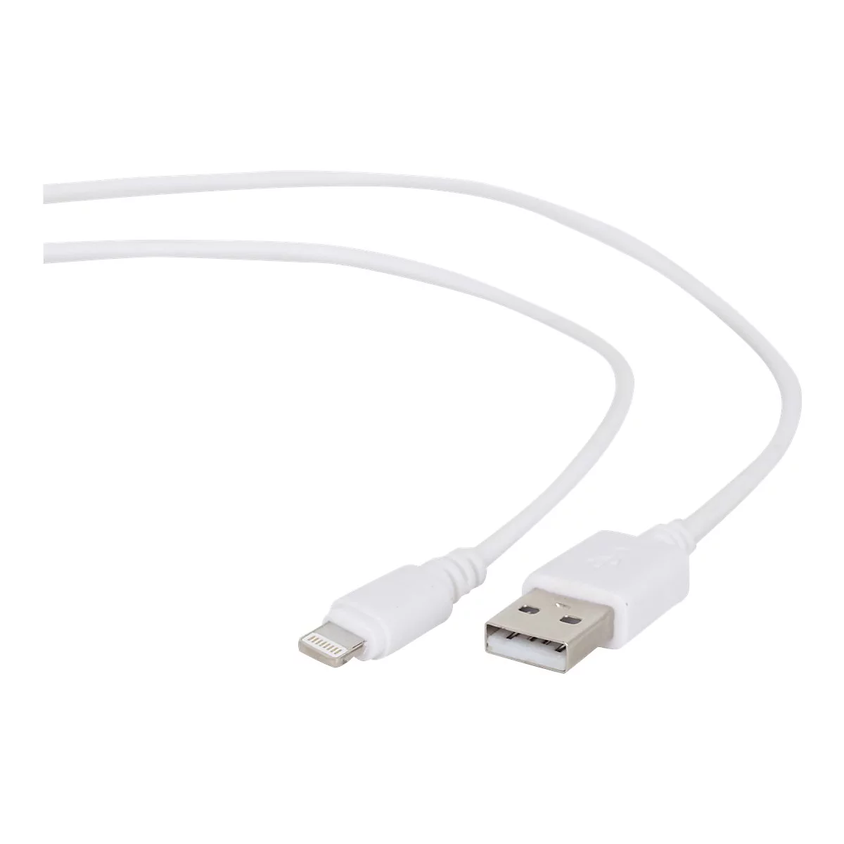 Weißes Lightning-auf-USB-Ladekabel vor weißem Hintergrund.