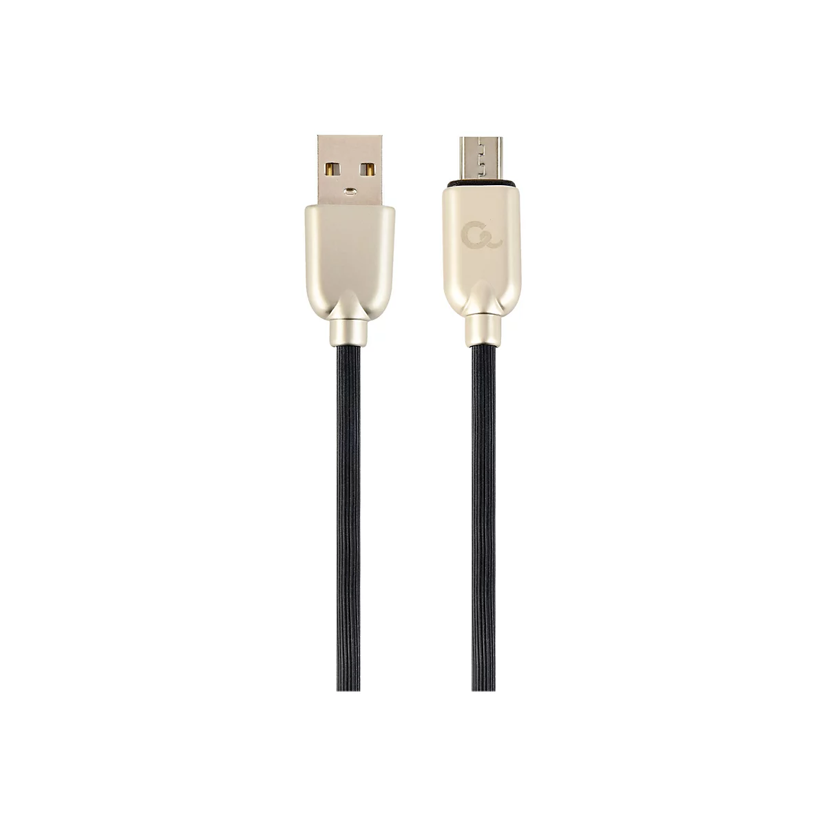 Goldene USB-A und Micro-USB-Anschlüsse mit schwarzem, geriffeltem Kabel auf weißem Hintergrund.