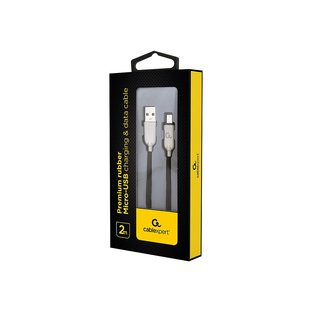 Produktverpackung eines Cablexpert Micro-USB-Ladekabels in Schwarz und Gelb.