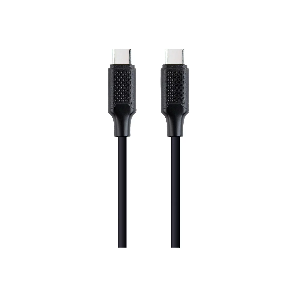 Zwei schwarze USB-C-Stecker an Kabelenden vor weißem Hintergrund.