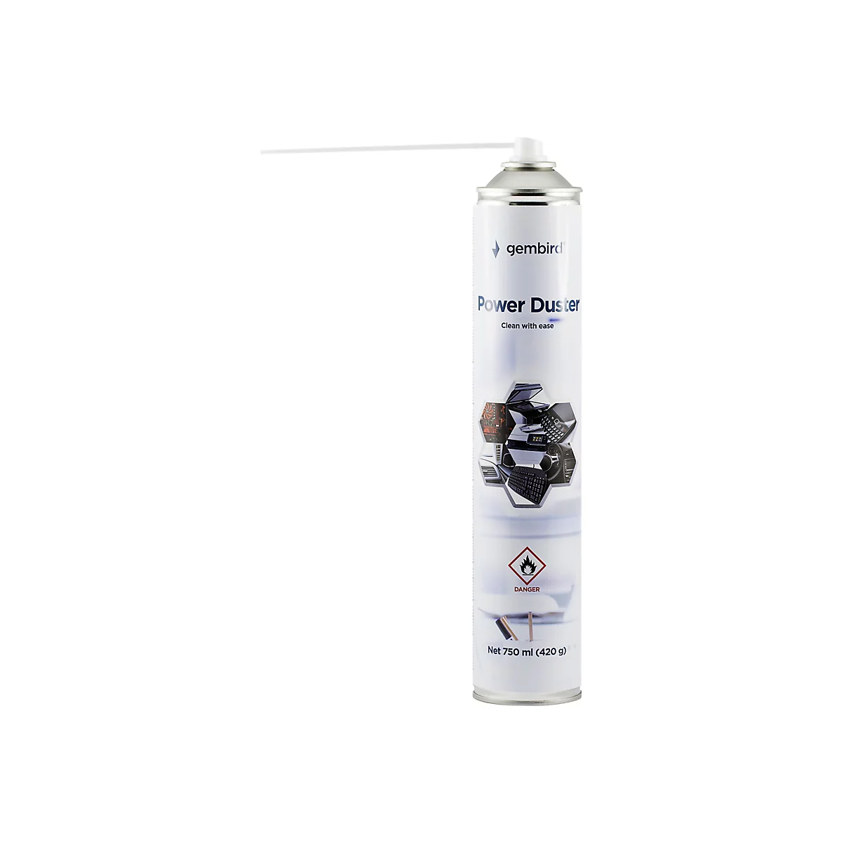 Gembird Power Duster Druckluftspray-Dose mit Sprühröhrchen auf weißem Hintergrund.