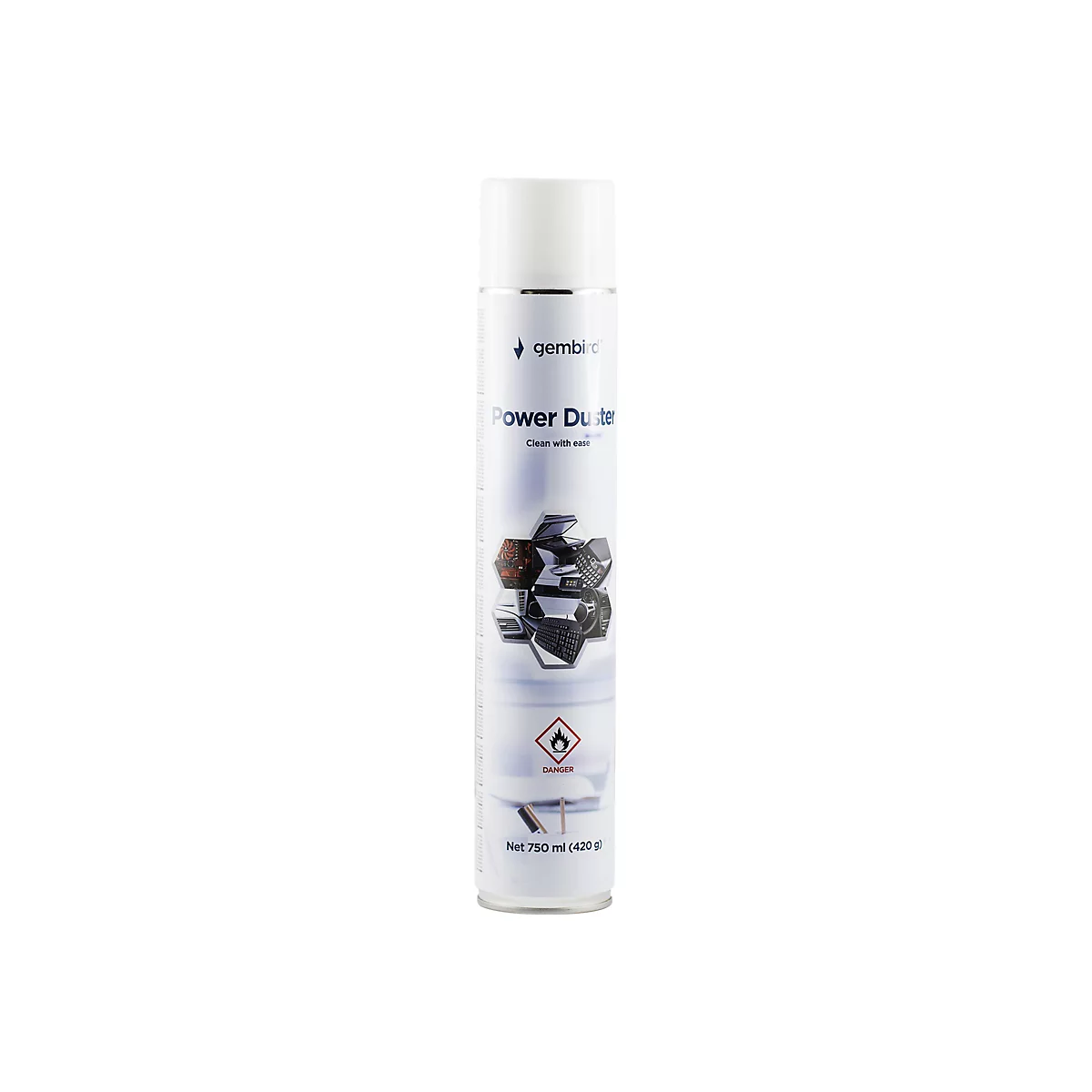 Gembird Power Duster Druckluftspray in weißer Dose mit weißem Deckel vor neutralem Hintergrund.
