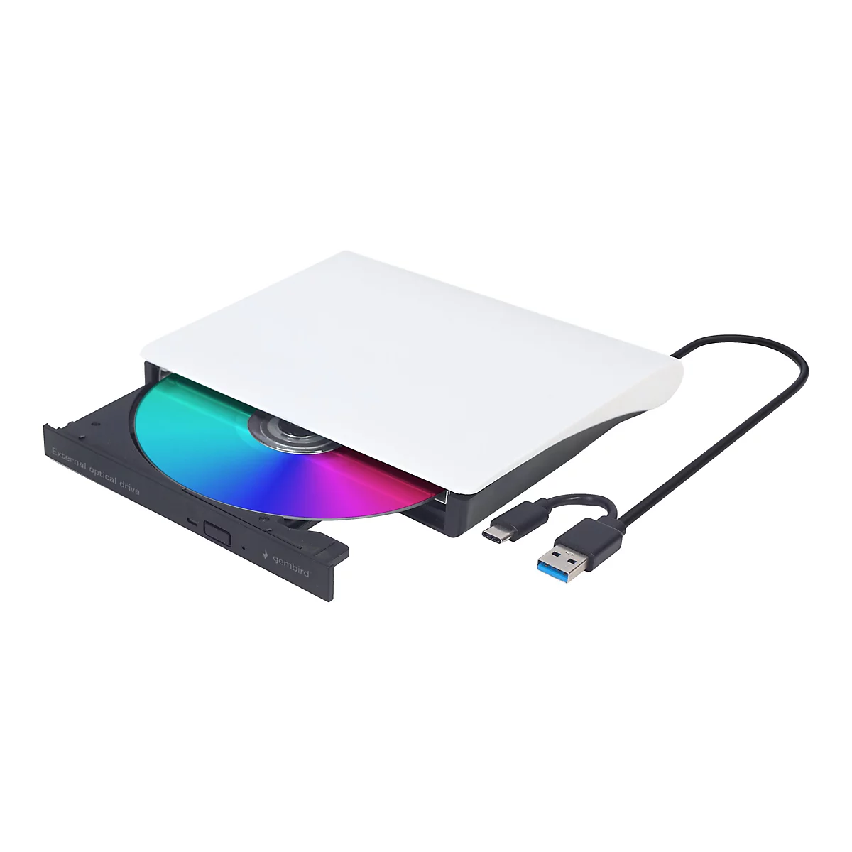 Weißes externes optisches Laufwerk von Gembird mit geöffnetem Fach und bunter CD, inklusive USB-Anschlusskabel.