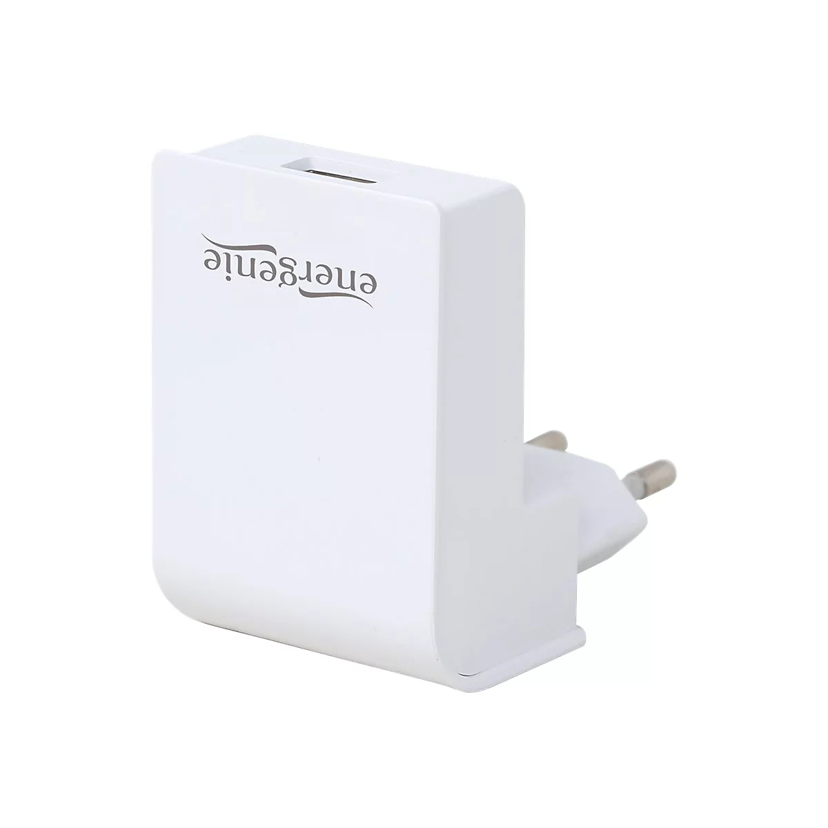Weißes Energenie Steckernetzteil mit USB-Anschluss vor weißem Hintergrund.