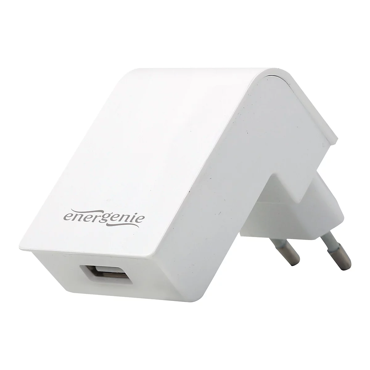 Weißer Energenie-Wandadapter mit USB-Anschluss und europäischem Stecker vor weißem Hintergrund.